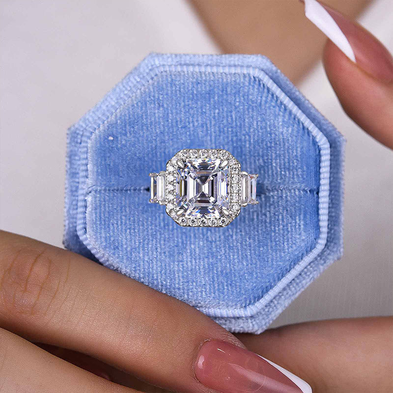 4.5Ct Asscher Cut Sona Diamond Ring with Trapezoid Accents