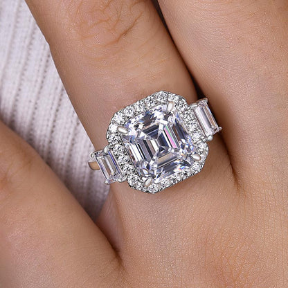 4.5Ct Asscher Cut Sona Diamond Ring with Trapezoid Accents