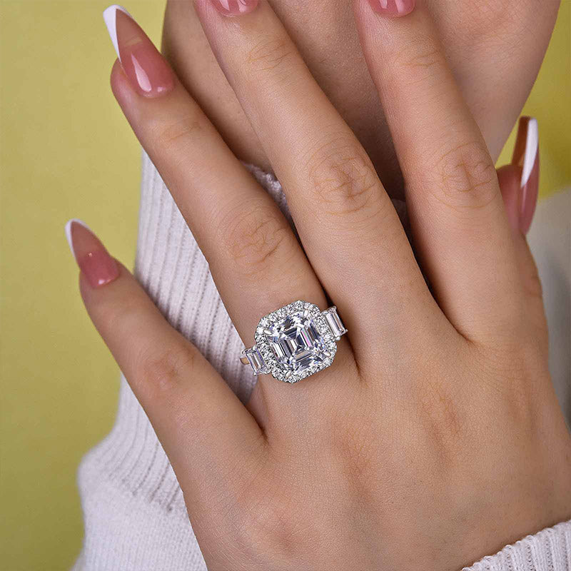 4.5Ct Asscher Cut Sona Diamond Ring with Trapezoid Accents