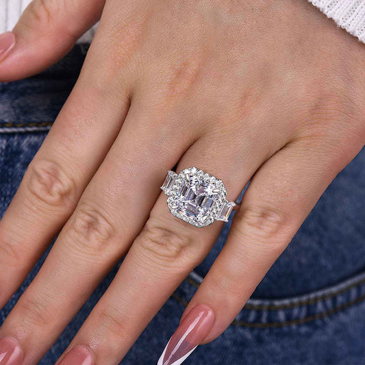 4.5Ct Asscher Cut Sona Diamond Ring with Trapezoid Accents