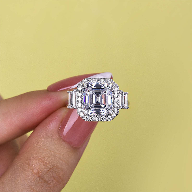 4.5Ct Asscher Cut Sona Diamond Ring with Trapezoid Accents