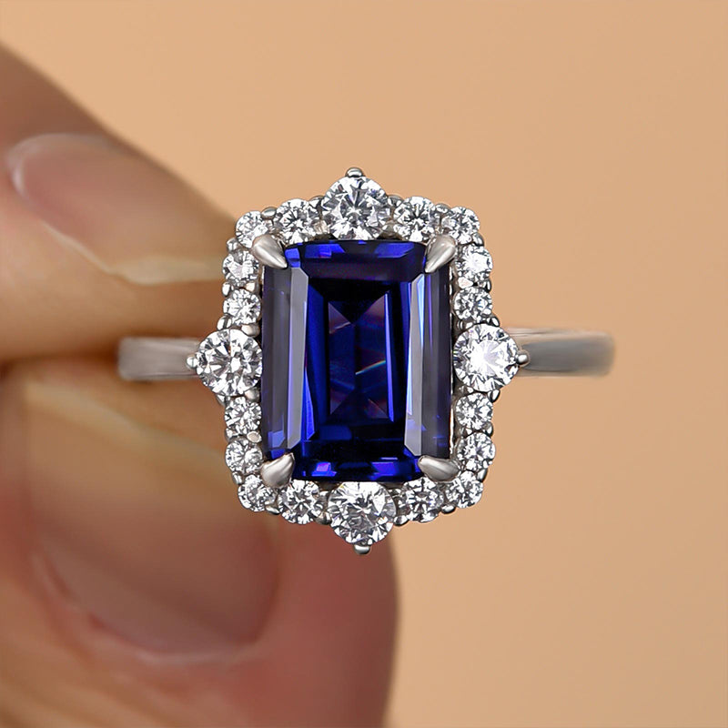 3.0ct Emerald Cut Blue Sapphire Halo Ring