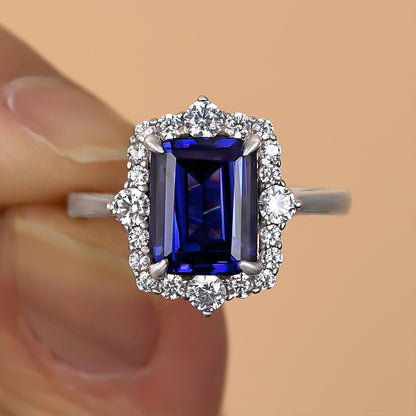 3.0ct Emerald Cut Blue Sapphire Halo Ring
