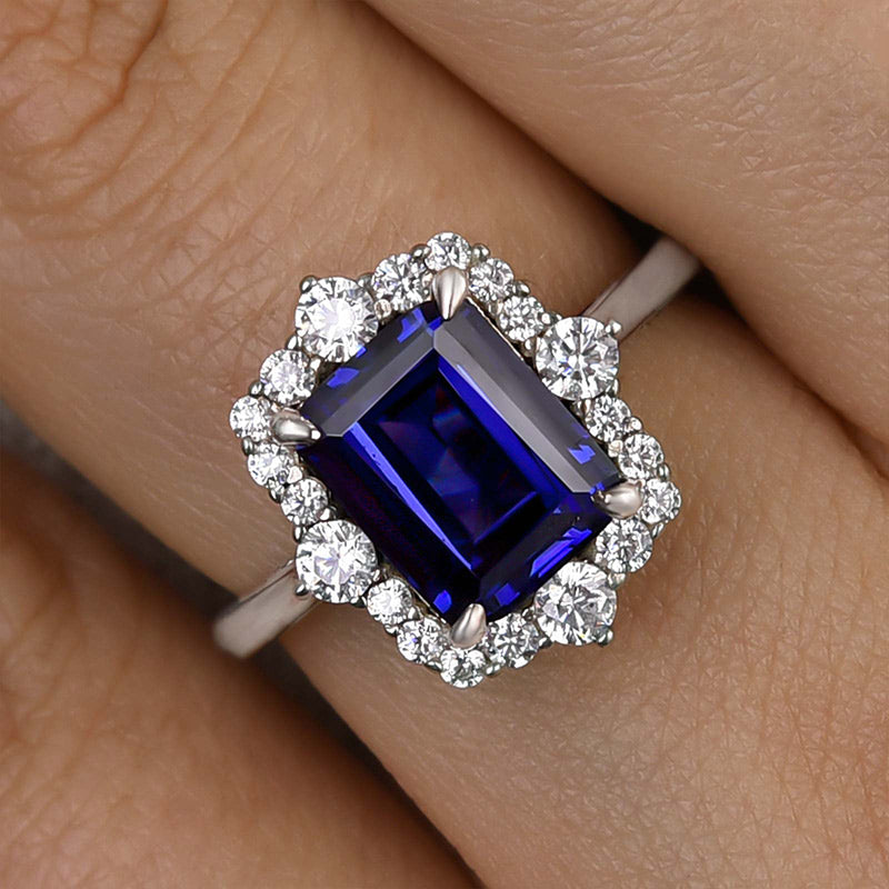 3.0ct Emerald Cut Blue Sapphire Halo Ring
