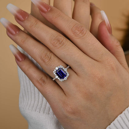 3.0ct Emerald Cut Blue Sapphire Halo Ring