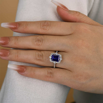 3.0ct Emerald Cut Blue Sapphire Halo Ring