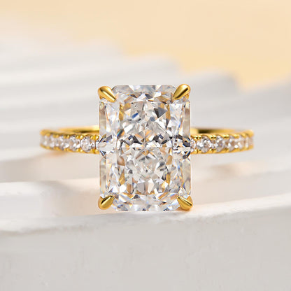 Sterling Silver Radiant Cut Sona Diamond Ring in Yellow Gold