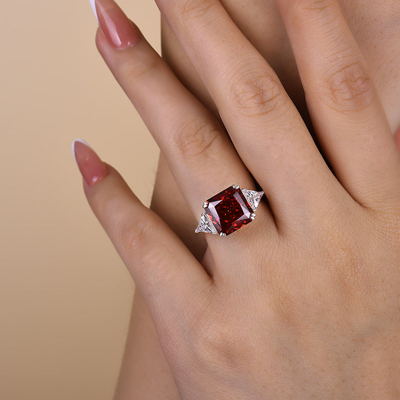 5 Carat Radiant Cut Ruby Three Stone Engagement Ring