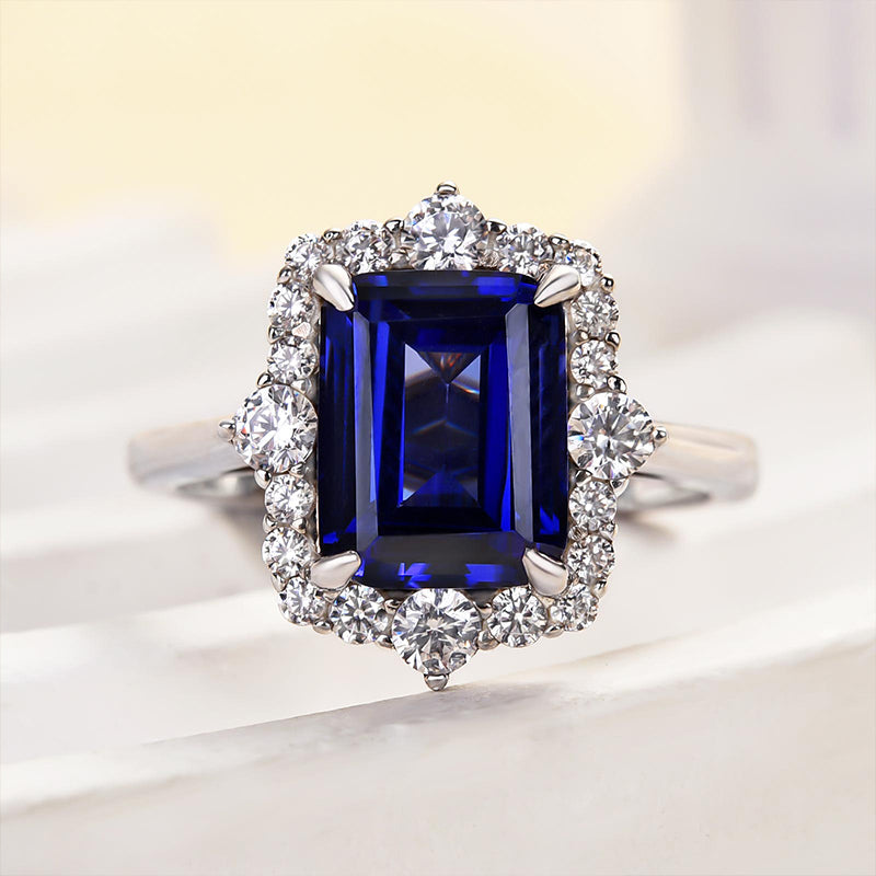 3.0ct Emerald Cut Blue Sapphire Halo Ring
