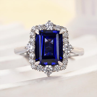 3.0ct Emerald Cut Blue Sapphire Halo Ring