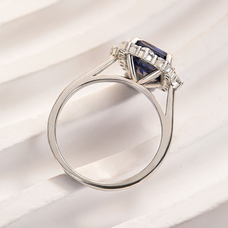 3.0ct Emerald Cut Blue Sapphire Halo Ring