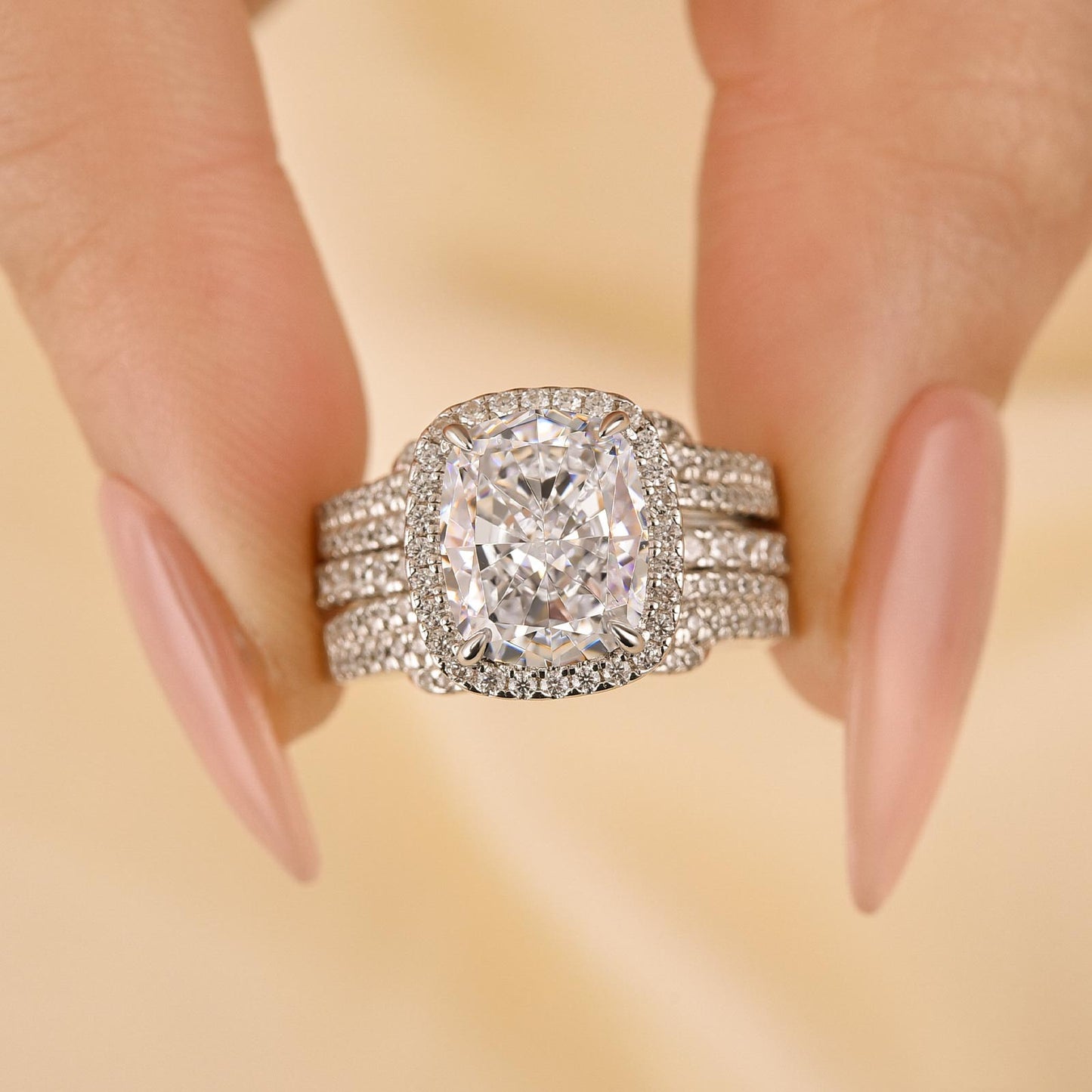 4ct Cushion Cut Simulated Diamond Bridal Set with Halo