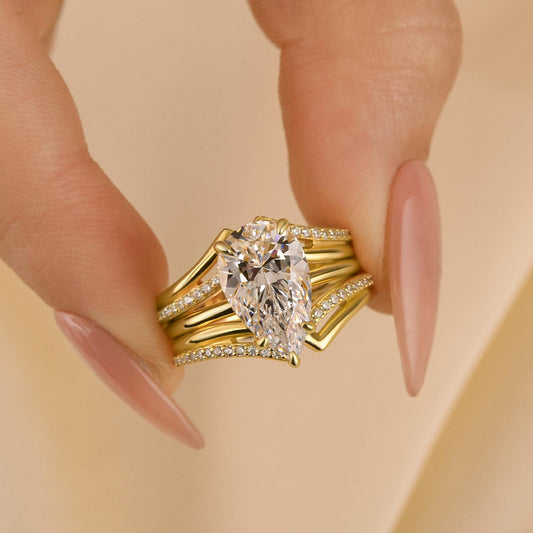 4ct Pear Cut Gold Wedding Set - 3PC with Two Curved Bands