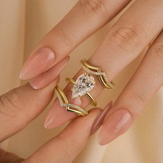 4ct Pear Cut Gold Wedding Set - 3PC with Two Curved Bands