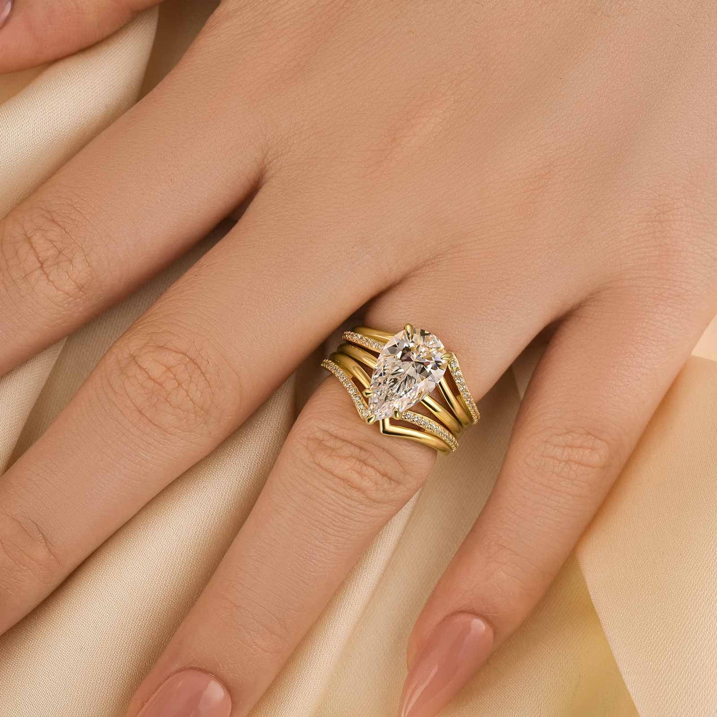 4ct Pear Cut Gold Wedding Set - 3PC with Two Curved Bands