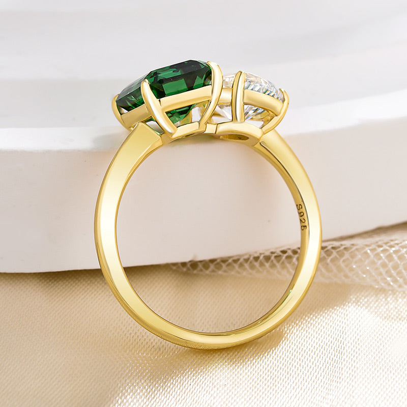 2.5Ct Emerald & 1.8Ct Pear Cut Two-Stone Ring