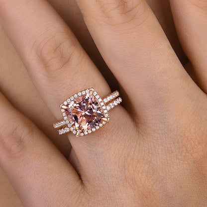 925 Silver Rose Gold Plated Morganite & Diamond Bridal Ring Set