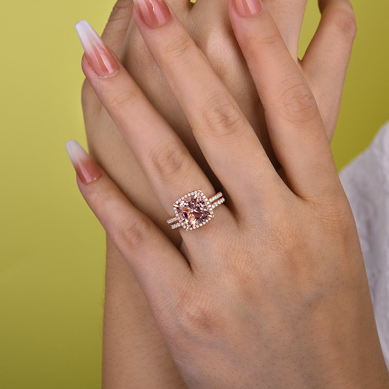 925 Silver Rose Gold Plated Morganite & Diamond Bridal Ring Set