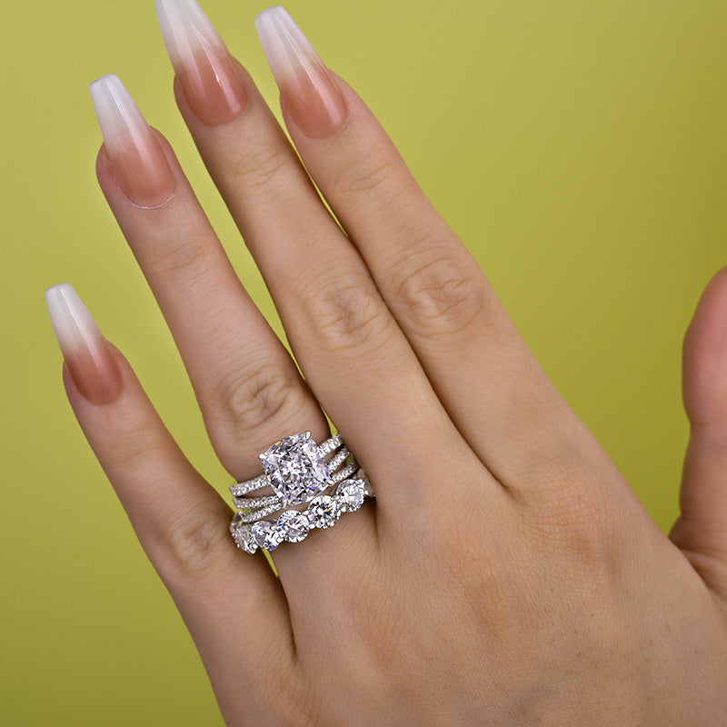 4.5Ct Cushion Cut Wedding Set - 925 Silver White Gold Plated (3-Piece)