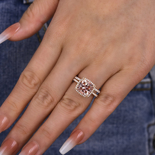 925 Silver Rose Gold Plated Morganite & Diamond Bridal Ring Set