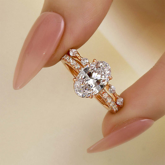 2.5CT Oval Cut Diamond Tri-Tone Ring Set with 1CT Mixed Cut Band