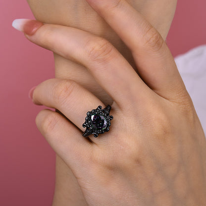 Oval Cut Alexandrite Engagement Ring Black Gold Plated