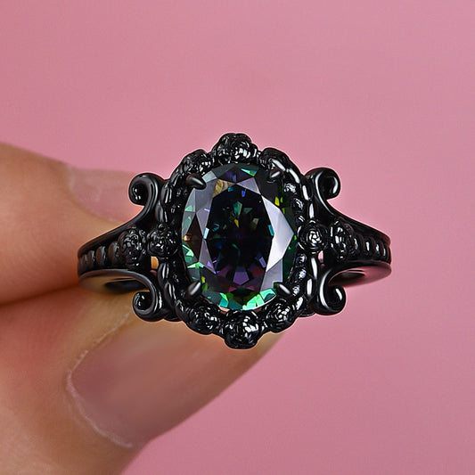 Oval Cut Alexandrite Engagement Ring Black Gold Plated