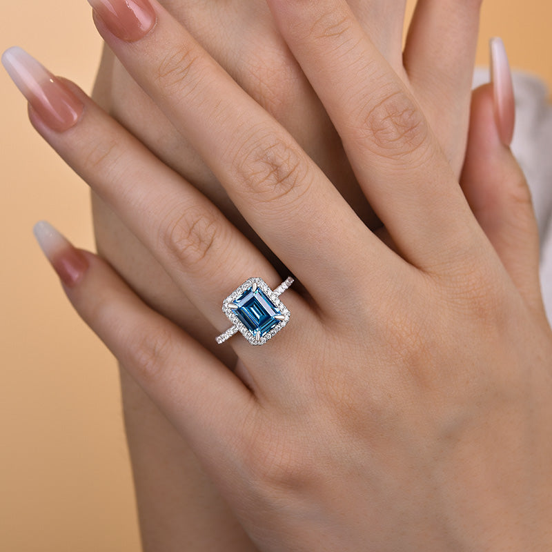 925 Sterling Silver 18K White Gold Plated Aqua Simulated Diamond Ring