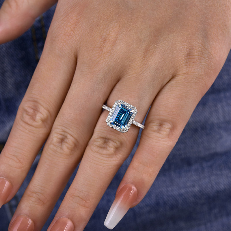 925 Sterling Silver 18K White Gold Plated Aqua Simulated Diamond Ring