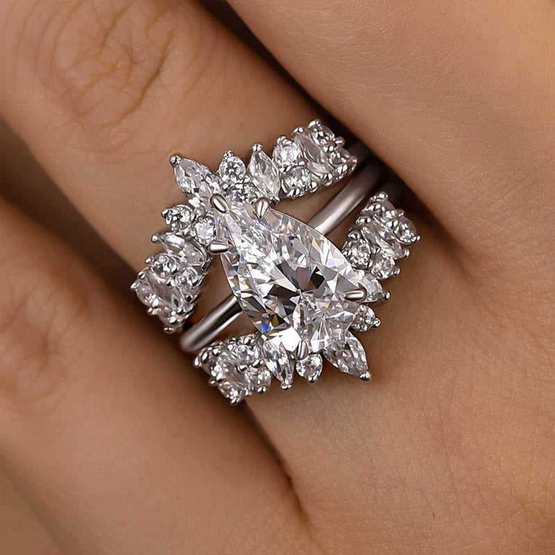 3.5Ct Pear Cut Diamond Ring with 3Ct Mixed Cut Band 925 Silver