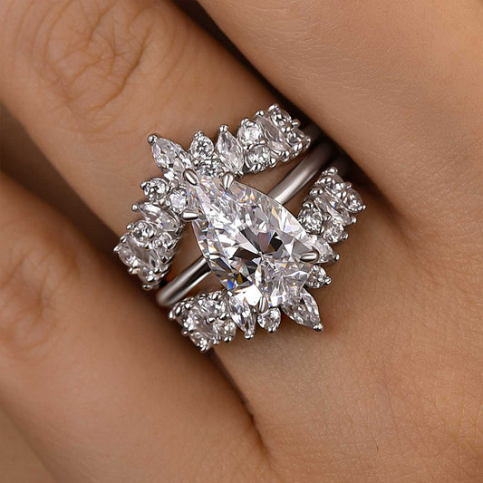 3.5Ct Pear Cut Diamond Ring with 3Ct Mixed Cut Band 925 Silver