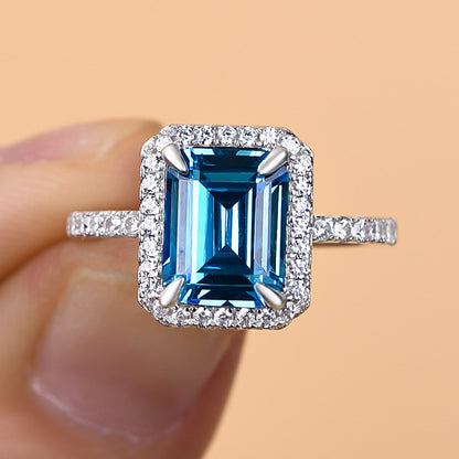 925 Sterling Silver 18K White Gold Plated Aqua Simulated Diamond Ring