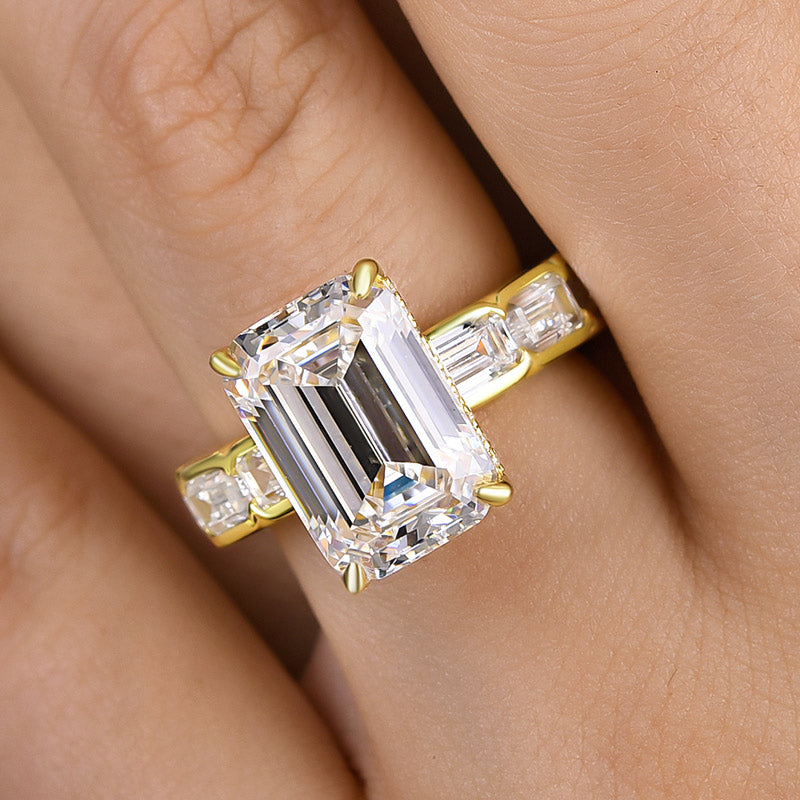 6.5Ct Emerald Cut Sona Diamond Ring with 3.5Ct Accents
