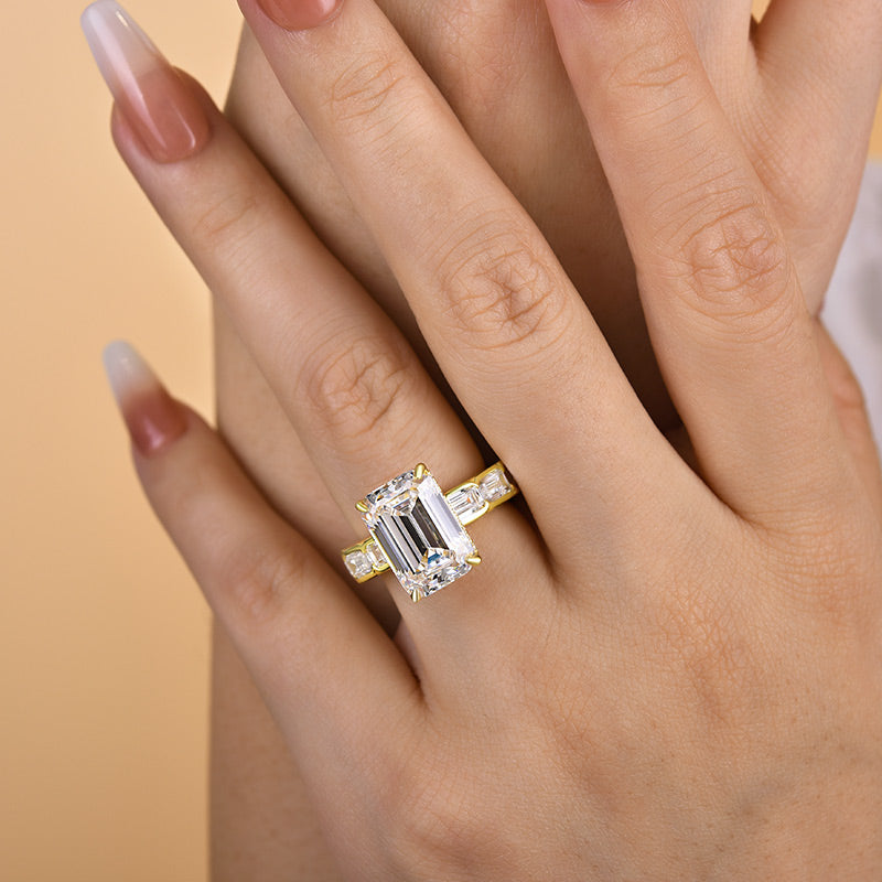 6.5Ct Emerald Cut Sona Diamond Ring with 3.5Ct Accents