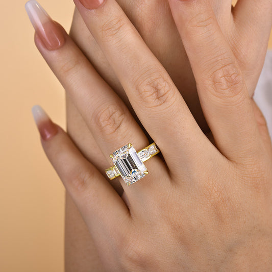 6.5Ct Emerald Cut Sona Diamond Ring with 3.5Ct Accents