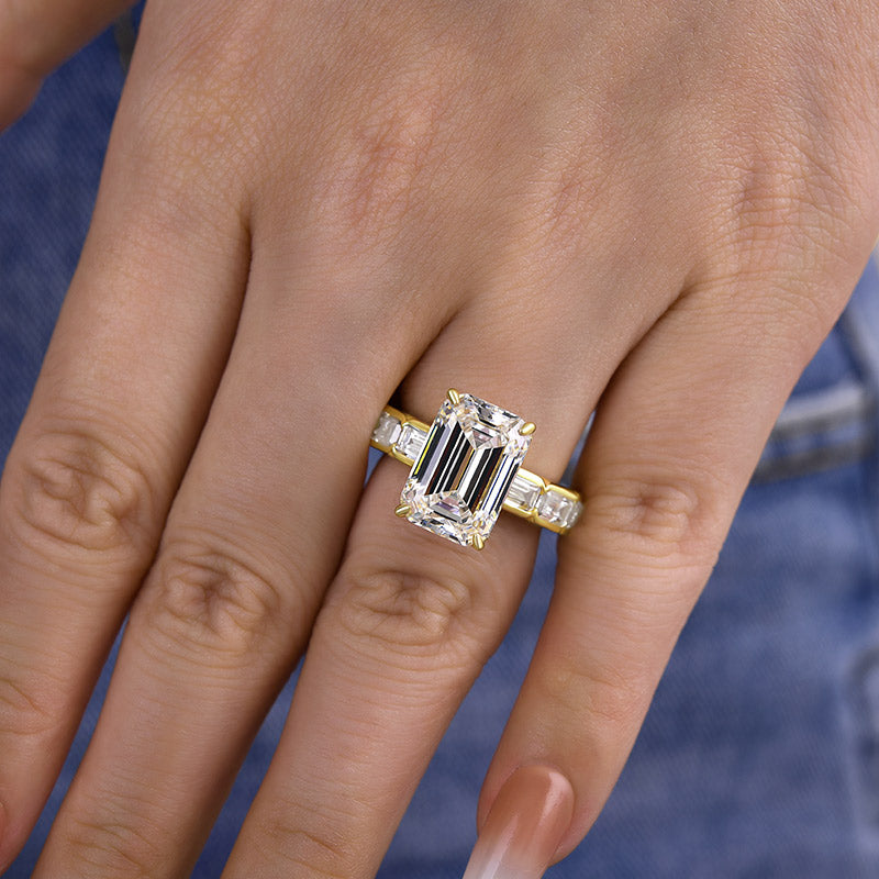 6.5Ct Emerald Cut Sona Diamond Ring with 3.5Ct Accents