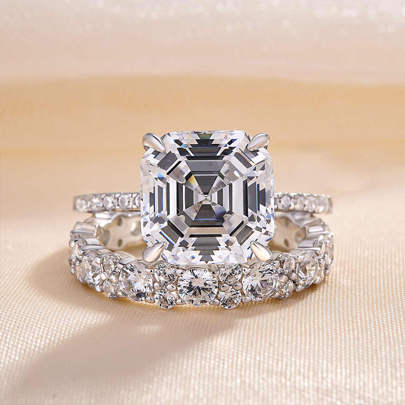 925 Silver White Gold Plated 10mm Asscher Cut 5ct Diamond Ring