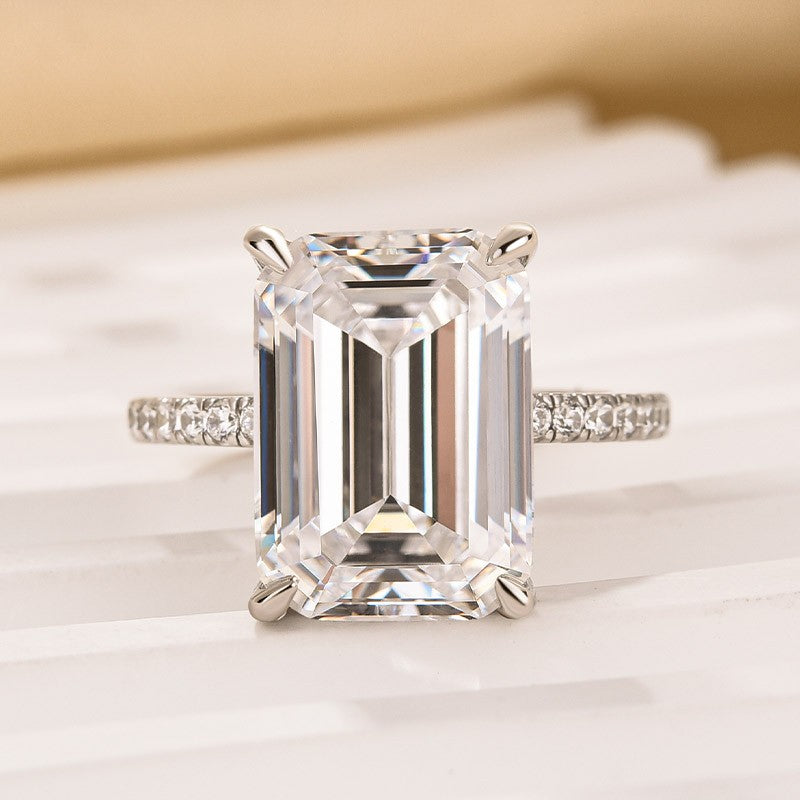 10Ct Emerald Cut Engagement Ring - Hidden Halo Sterling Silver