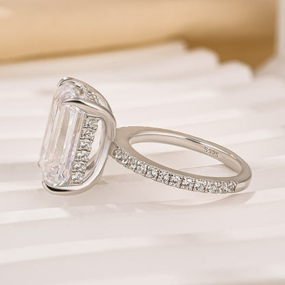 10Ct Emerald Cut Engagement Ring - Hidden Halo Sterling Silver