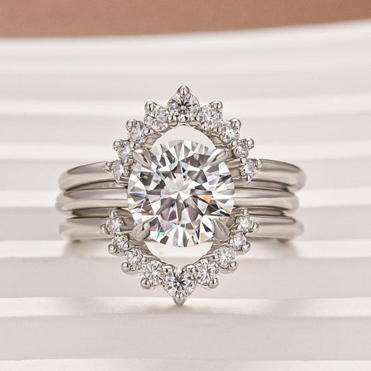 2Ct Round Moissanite Halo Ring Set in 925 Silver White Gold Plated