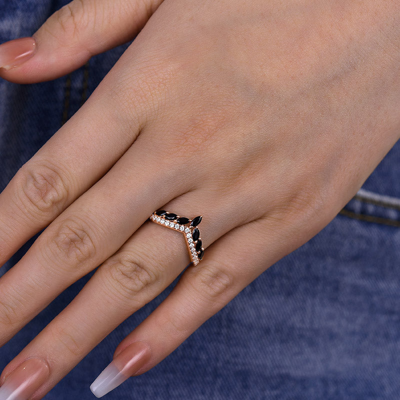 925 Silver 18K Rose Gold 0.5Ct Black Marquise Diamond Ring