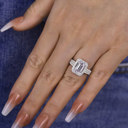 3Ct Emerald Cut Sona Diamond Halo Ring 18K White Gold