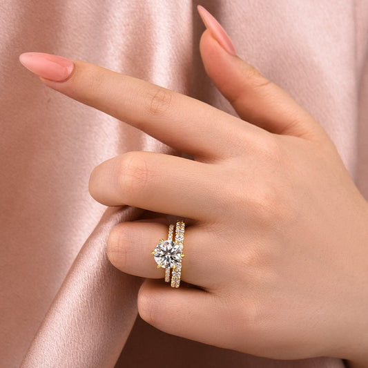 2Ct Round Moissanite Yellow Gold Ring Set