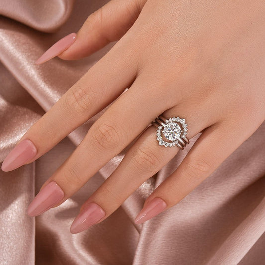 2Ct Round Moissanite Halo Ring Set in 925 Silver White Gold Plated