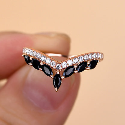 925 Silver 18K Rose Gold 0.5Ct Black Marquise Diamond Ring