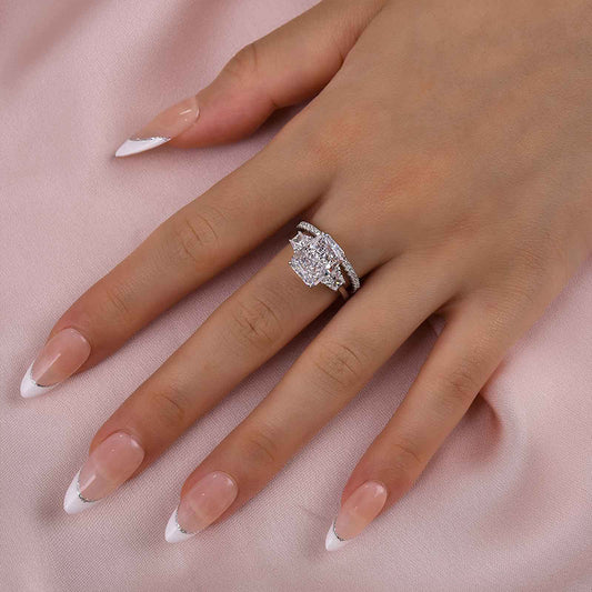 925 Sterling Silver 18K White Gold Plated 11mm Radiant Cut Three Stone Wedding Ring