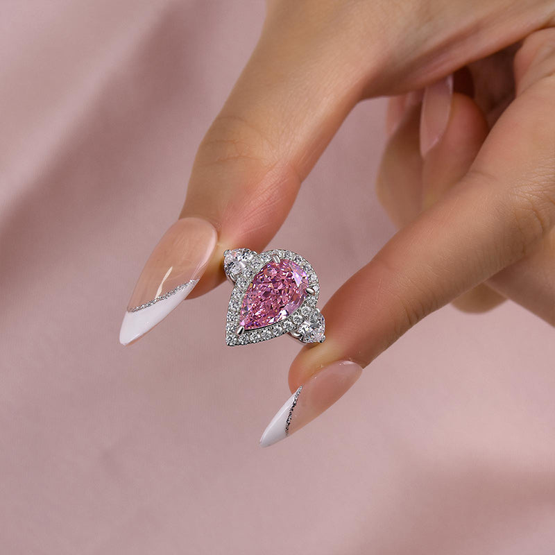 4 Carat Pear Cut Pink Sapphire Three Stone Ring