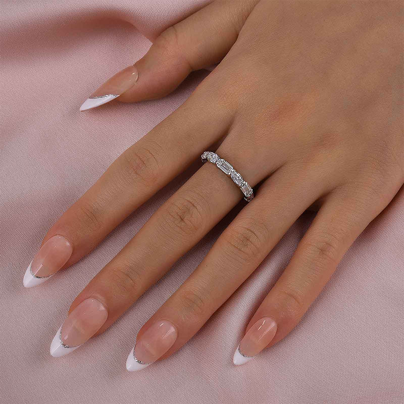 925 Silver Two-Tone Emerald & Oval Cut Diamond Wedding Band