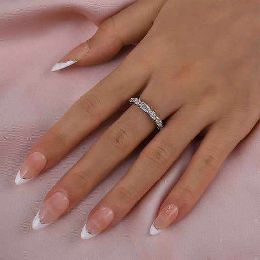 925 Silver Two-Tone Emerald & Oval Cut Diamond Wedding Band