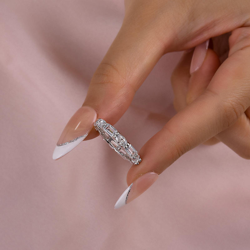 925 Silver Two-Tone Emerald & Oval Cut Diamond Wedding Band